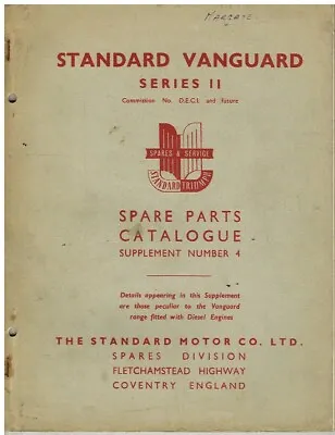 Standard Vanguard Series Ii '54 Diesel Engine Factory Parts Catalogue Supplement • $35.99