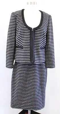 J Crew Gray Black Striped Tweed Blazer & Skirt Suit Set Size 8 Wool Fringe Trim • $79.99