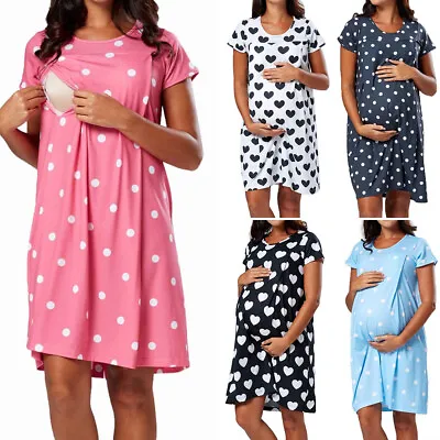 Maternity Womens Nursing Nightdress Breastfeeding Dress Pyjamas Nightwear PJs • £13.79