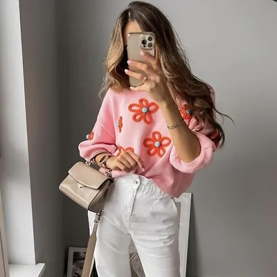 ZARA NEW Floral EMBROIDERED EMBROIDERY KNIT SWEATER TOP PINK PUFF SLEEVES SM • $69