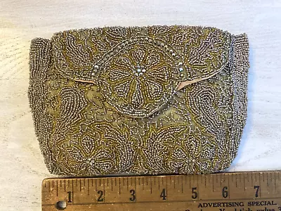 Vintage Antique Beaded Clutch Purse Gold Beads Rhinestones Gorgeous & Exotic 5x7 • $7.99