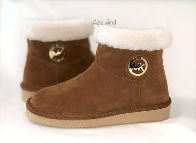 New Michael Kors Suede Faux Shearling Bootie Boots Gold Logo Tan Luggage Sz.6 • $76.99