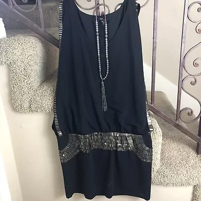 FORA  Black Bronze Metal Open Sleeve V Neck Sexy Vegas Mini Dress Size Medium • $22.95