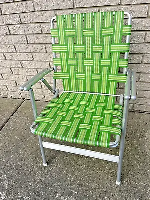 VTG Multi Green White Gold Web Alum.Folding Lawn Chair/Double Barrel Armrest • $39.50