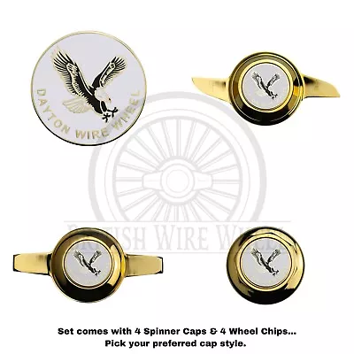 Gold Spinner Caps With Dayton Gold & White Wire Wheel Chip Emblems Set Of 4 • $547.16