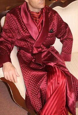 Mens Quilted Robe Vintage Smoking Dressing Gown Jacket Long Maroon Satin Coat • $234.44