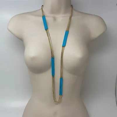 The Limited Womens Long Gold Tone Chain Necklace With Turquoise Metal Tube Beads • $15.95