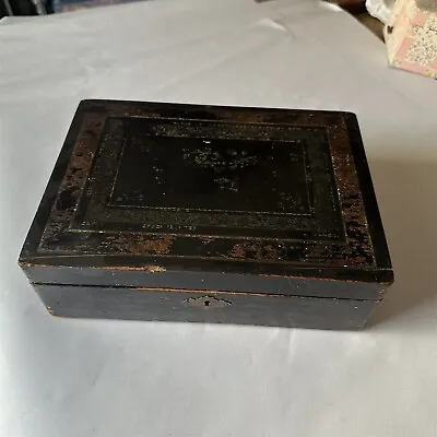 Vintage Sewing Box Victorian French Wood Black Lacquer Shabby Worn  • $24.99