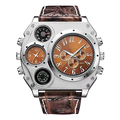 Mens Military Sport Watchs Large Dial Leather Band Luxury Dual Time Wrist Watch • $20.14