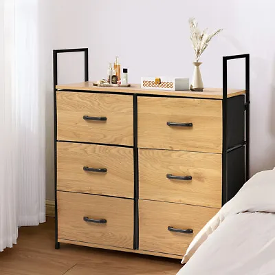 6 Drawer Solid Wood Wide Chest Storage Unit Bedroom Office Organiser Metal Frame • £48.95