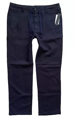 Perry Ellis Navy Blue 100% Linen New Flat Front Drawstring Pants Slacks 36 • $26.99