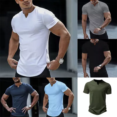 Mens T-Shirt Gym Tops Slim Fitness Basic T-shirt Bodybuilding Tight V-Neck Tee • £11.63