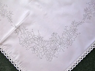 Printed Tablecloth To Embroider With Lace Edge Bouquet Flowers Cotton CSOO47 • £20.25