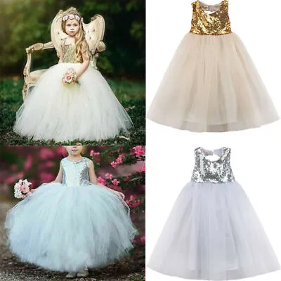 Girl Bridesmaid Dress Baby Silver Party Gold Wedding Formal Princess Long Dress • £4.99