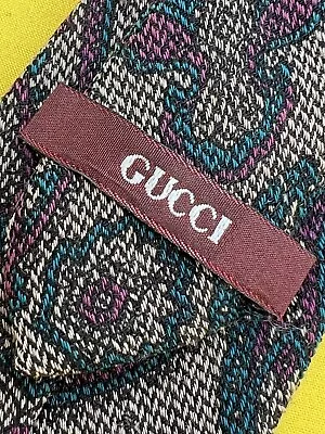 Authentic GUCCI Paisley Floral Design On Gray Multicolor Wool Silk Necktie Tie • $0.99