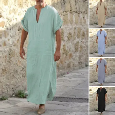 Fashion Men Short Sleeve V Neck Tops Robe Muslim Kaftan Dress Thobe Shirt Pajama • $22.71