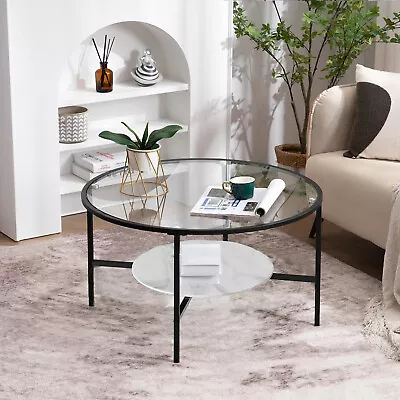 2Tiers Round Glass Coffee Table With Sintered Stone Shelf Living Room Tea Table  • $169.92