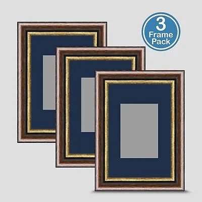 Brown Gold Photo Frame 6x4 3 PACK Incl Dark Blue Mount 3.5x2.5 ACEO Art • £20.50