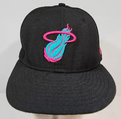 Hardwood Classics Miami Heat Snapback Hat Cap Neon Black Pink Blue Fitted 7 1/4 • $19.99