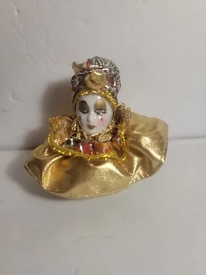 K's Collection Jester Clown Porcelain Doll Red Gold Ball Pin Cushion 4  Vintage  • $11.89