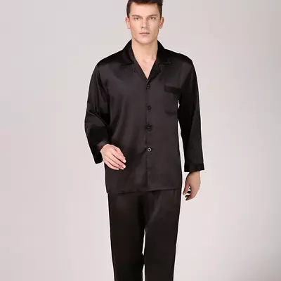 Mens Silk Satin Pajamas Set Top Pants Sleepwear Nightwear Black • $27.49