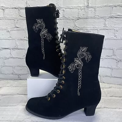 Spieth & Wensky Womens German Suede Boots Size 41 US 9.5 Black Embroidered Zip • $99.99