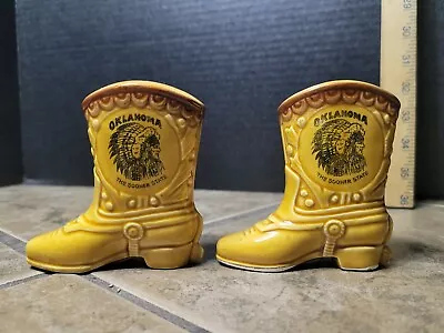 VTG Large Ceramic Cowboy Boots Salt & Pepper Shakers Set. Oklahoma Sooner State • $15.95