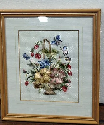 Vintage Cross Stitched Basket Of Flowers Framed Finished Artwork Completed  • £18