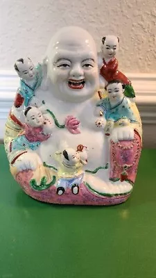 Vintage Laughing Buddha Chinese Famille Rose Porcelain With Children Statue 9” • £90.26