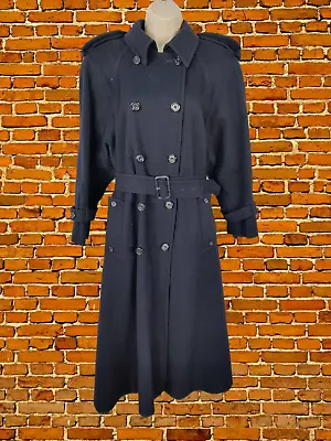 Womens Aquascutum Uk 16 Navy Lambswool Double Breasted Belted Overcoat Long Coat • £79.99