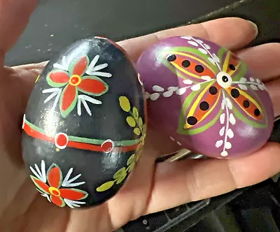 2 Vintage Hand Painted Wood Eggs Easter Decorations Floral Black + Purple • $7.95