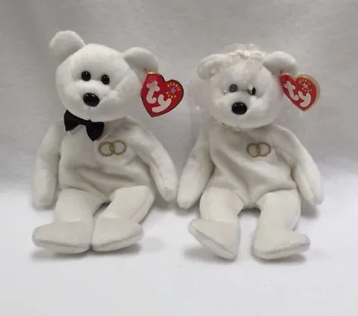 TY Beanie Babies Mr & Mrs Bride & Groom Bears 2001 W/Bowtie Veil Rings NEW • $7.95