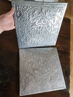 Set Of 2 Hosley Tin Tiles 12.25” Square Wall Hanging - Embossed Punched Metal • $18