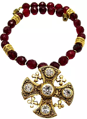 GRAZIANO Red Glass Crystal Maltese Cross Vintage Necklace • $99.99