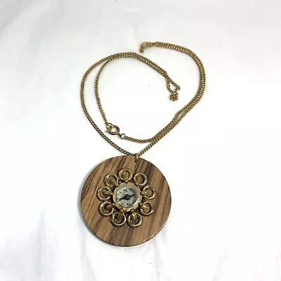 Vintage Gold Tone Wood Compass Pendant Necklace Navigation 24  Chain • $14.95