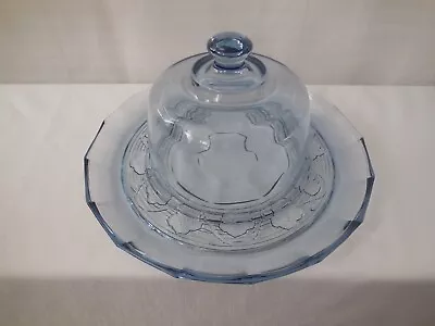 Vintage Clear Blue CAKE Cheese Snack PLATE W/ GLASS DOME Lid • $14.99