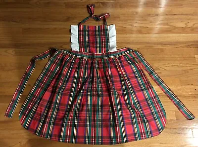 VINTAGE Christmas Mrs. Claus Bib Apron Red Green Tartan Plaid Ruffle Trim - Nice • $14.49