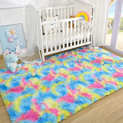 $34.49 • Buy Soft Fluffy Rainbow Shaggy Rugs For Kids Playroom Bedroom 5 Colors/Sizes