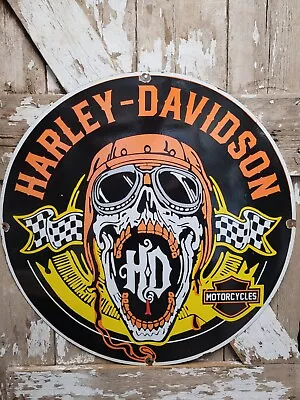 Harley Davidson Vintage Porcelain Sign 30  Motorcycle Skull Dealer Sales Service • $647.63