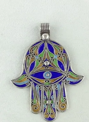 SILVER & Colored Enamel Moroccan Berber Hamsa Evil Eye Amulet Talisman PENDANT B • $59