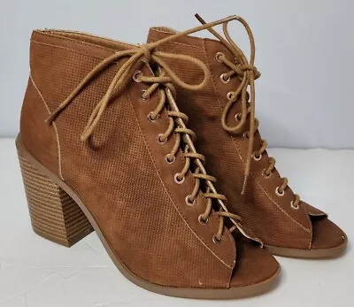 Liliana Ope Toe Booties Chunky Heel Women's 7.5 Lace Up • $29