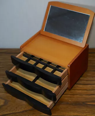 Vintage Wooden Jewellery Box Mid Century Modern Chest Drawers Replica W/ Mirror • $45