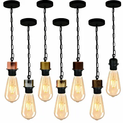 E27 Ceiling Rose Light Fitting Vintage Industrial Pendant Lamp Bulb Holder+Chain • £10.93