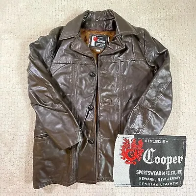 Vintage Cooper Brown Leather Button Up Jacket Fleece Lined Coat Men's Size 40 • $60