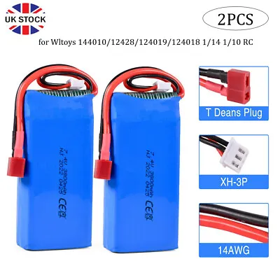 2x 3800mAh 7.4V 2S Lipo Battery Deans T Connector For WLtoys 1/14 144001 RC Car • £25.64