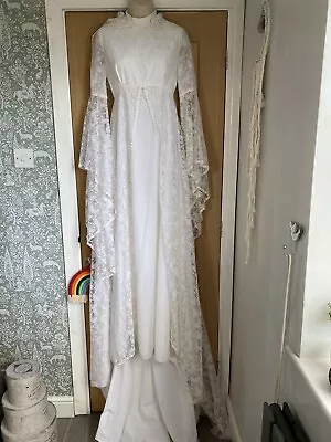 60s 70s Vintage Beautiful Lace Style Wedding Dress Medieval Look Detachable Hood • £49.99
