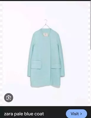 ZARA Trafaluc Snap Button Collarless Wool Blend Winter Coat Pastel Blue - Sz M • $25