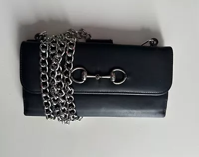 $142 • Buy Gucci Horsebit Wallet On A Chain - Vintage 1975 Clutch Navy Black W/ Silver Hdwr