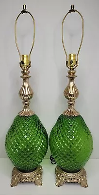 Vtg PAIR Mid Century Green Glass Optic Table Lamps MCM Hollywood Regency 3-Way • $268.65