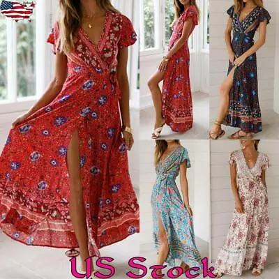 Kaftan Women Boho Floral V-Neck Long Dress Summer Beach Holiday Swing Sundress • $15.29